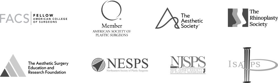 Dr. Parkers credentials logos including Fellow Americna College of Surgeons, American Society of Plastic Surgeons, The Aesthetic Society, The Rhinoplasty Society, The Aesthetic Surgery Education and Research Foundation, Northeastern Society of Plastic Surgeons, New Jersey Society of Plastuc Surgeons, & The International Society of Aesthetic Plastic Surgery (ISAPS)