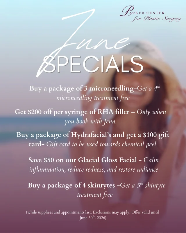✨ June Specials Are Here ✨

Treat yourself this month with exclusive savings on some of our most popular treatments:

💉 Buy a package of 3 Microneedling treatments and receive your 4th treatment FREE

💉 Save $200 per syringe of RHA Filler when you book with Jenn

🧖‍♀️ Purchase a Hydrafacial package and receive a $100 gift card to use toward a chemical peel. Chemical peel must be booked in June.

❄️ Save $50 on our Glacial Gloss Facial — the perfect treatment to calm inflammation, reduce redness, and restore your skin’s natural radiance

✨ Buy a package of 4 SkinTyte treatments and receive your 5th treatment FREE

These specials are available for a limited time and while supplies last. Exclusions may apply. Specials end June 30th, 2026.

📞 Call us today to schedule your consultation or book your appointment before these offers are gone! Link in bio!

#medspa #medspaspecials #microneedlingtherapy #parkercenter